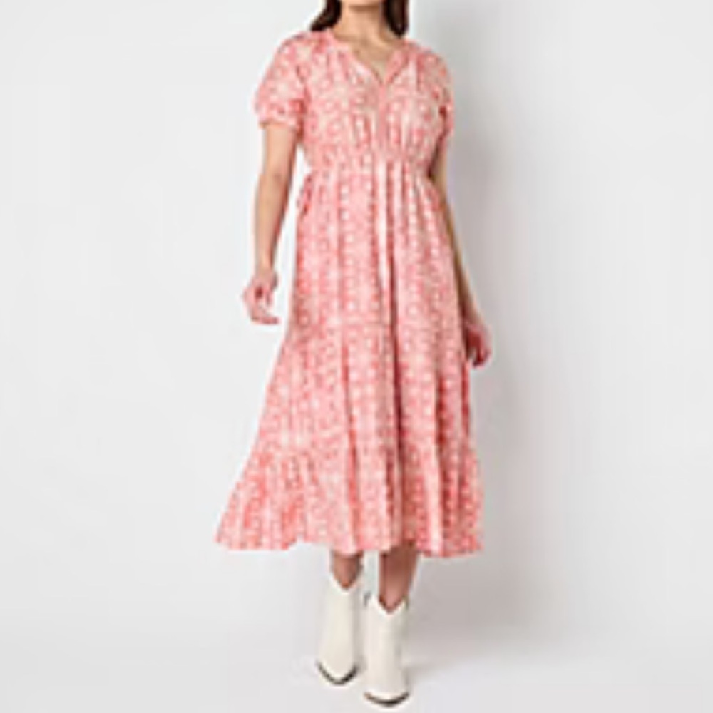 NWT‎ FRYE AND CO. Pink and White Rayon Short Sleeve Ruffled Maxi Sundress (XXL)